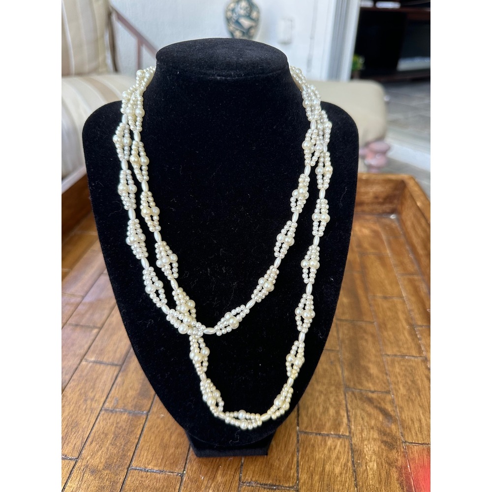 Vintage Cream Faux Pearl Multi‎ Strand Woven Long Necklace 34 Inch Layered Style